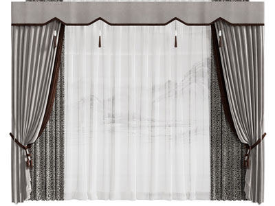 新中式布艺带帘头的窗帘窗纱