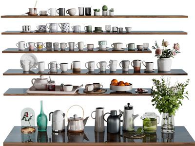 现代隔板上的茶具杯子、茶壶