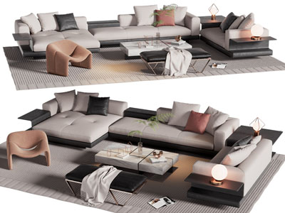 现代转角多人沙发、沙发凳和茶几组合