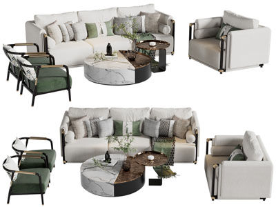 新中式多人、单人沙发、休闲椅子和茶几组合