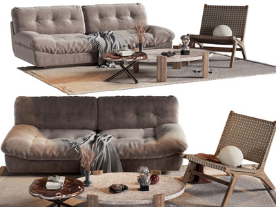 侘寂风布艺双人沙发、休闲椅子和茶几组合