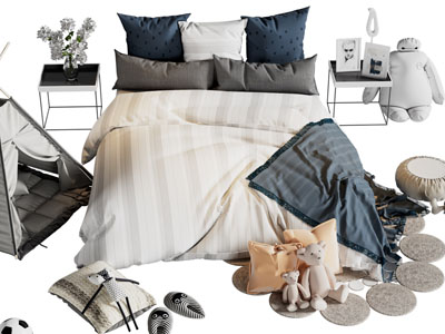 现代儿童双人床、帐篷、床头柜