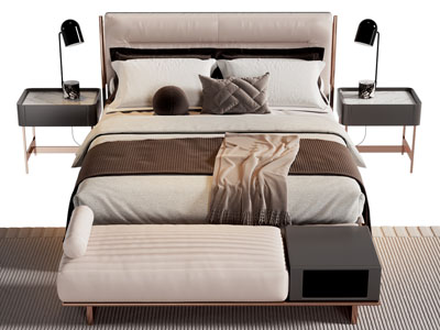 现代双人床、床尾凳