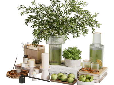 现代茶具杯子、香薰蜡烛和花瓶摆件组合