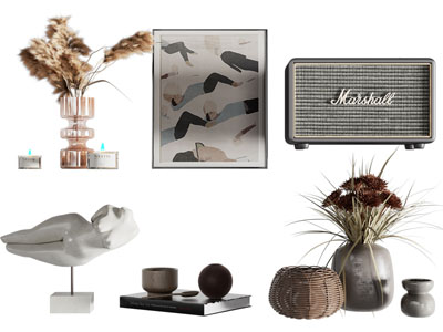 现代雕塑、花瓶花卉摆件组合