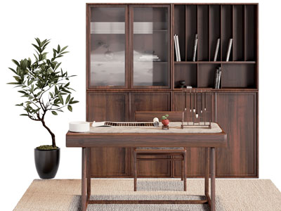 新中式实木书桌椅组合、书柜
