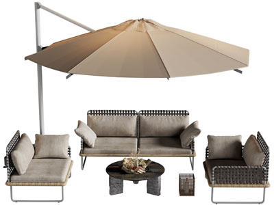 现代户外双人、单人沙发和茶几组合、遮阳伞