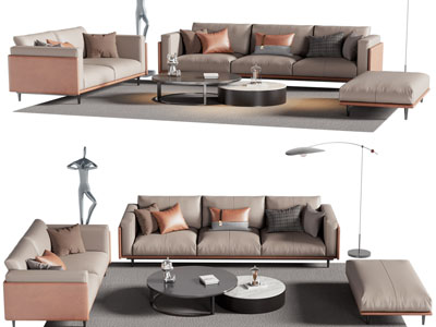 现代多人沙发、沙发凳和茶几组合