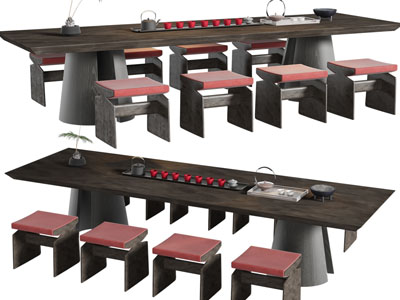 新中式长方形茶桌椅组合