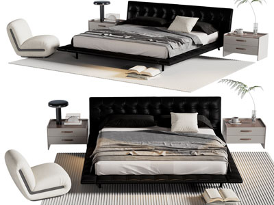 现代黑色软包床头双人床、床头柜