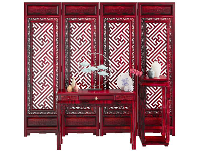 新中式实木镂花窗门扇、隔断、端景台、摆件组合