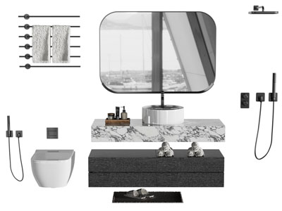 现代悬挂式洗手台、马桶、淋浴花洒