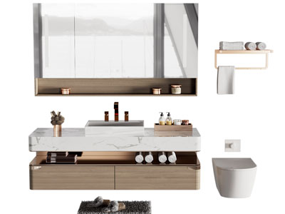 现代悬挂式洗手台、镜柜、马桶