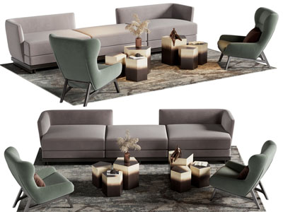 现代多人沙发、休闲椅和茶几组合