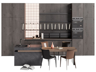 现代整体橱柜、带水吧台的餐桌椅组合