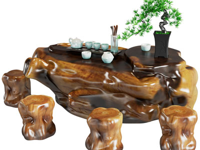 中式原木木桩茶桌、凳子组合