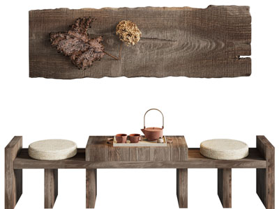 侘寂风原木茶桌、坐垫