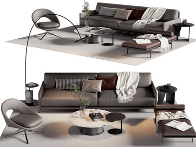 现代双人沙发、休闲椅、沙发凳和茶几组合
