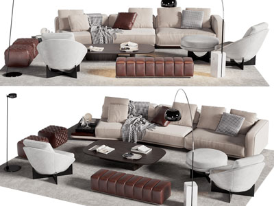 现代多人沙发、休闲椅子和茶几组合
