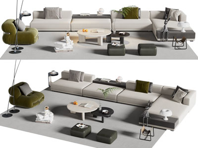 现代多人沙发、懒人沙发和茶几组合