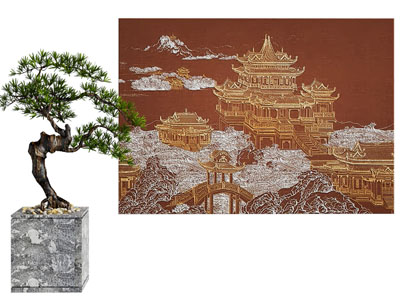新中式松树盆景盆栽、装饰挂画