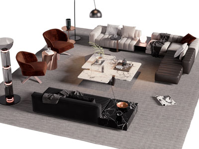 现代多人、双人沙发、休闲椅子和茶几组合