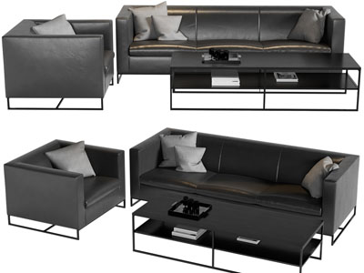 现代黑色多人、单人沙发、茶几组合