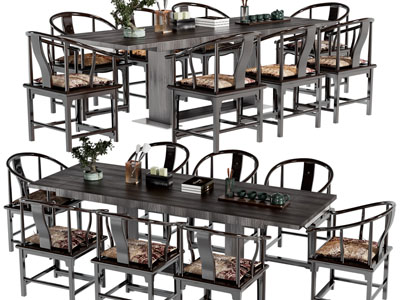 新中式实木长方形餐桌椅组合