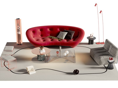 现代多人沙发、懒人沙发、透明茶几组合