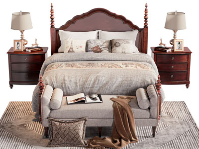 美式实木双人床、床头柜