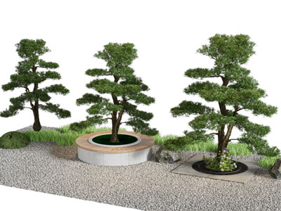 新中式松树、石子景观园艺小品