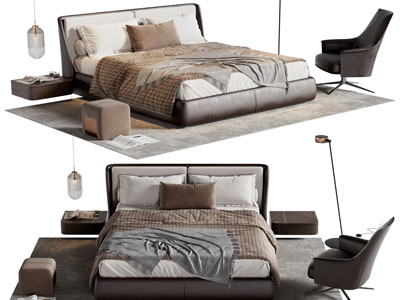 现代双人床、休闲椅子