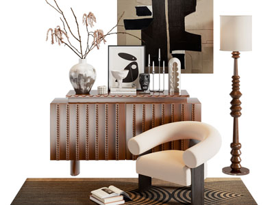 侘寂风玄关柜、边柜、休闲椅子