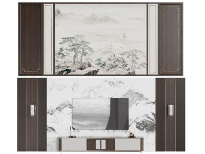 新中式电视背景墙3d模型 新中式电视背景墙