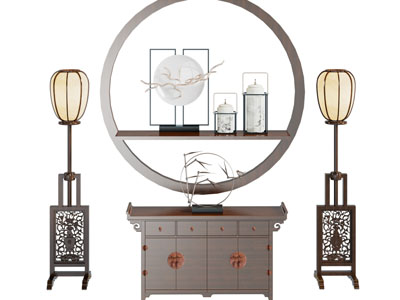 中式玄关柜、边柜、落地灯