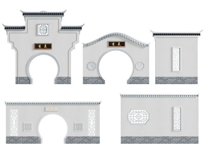 新中式带拱门、镂花窗的景观墙3d模型 新中式带拱门、镂花窗的景观墙