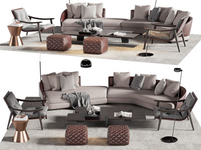 现代弧形多人沙发、休闲椅子和茶几组合