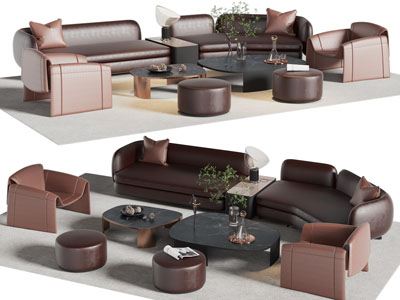 现代弧形多人沙发、休闲椅子和茶几组合