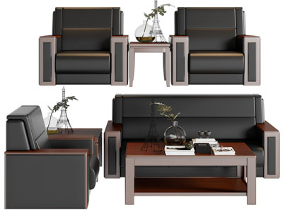 新中式办公多人、单人沙发和茶几组合