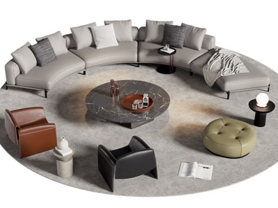 现代弧形多人、单人沙发和茶几组合