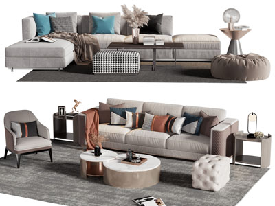 现代多人沙发、休闲椅子和茶几组合