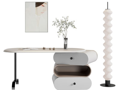 侘寂风书桌椅组合、落地灯