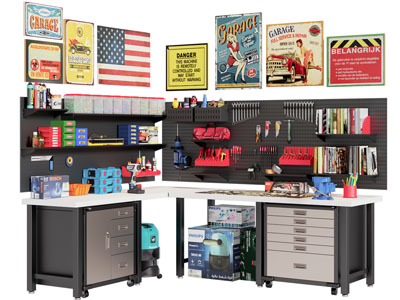 现代工作间操作台、墙面工具收纳架