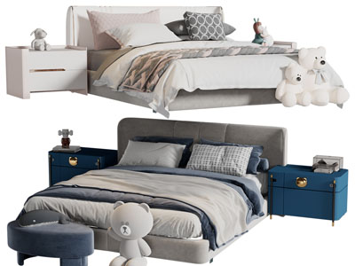 现代儿童布艺双人床、床头柜