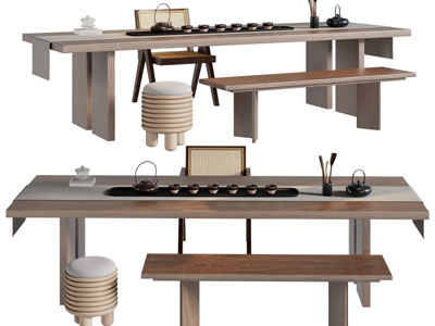 新中式长方形茶桌椅组合