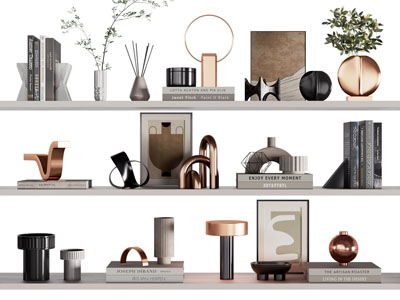 现代隔板书籍、台灯、花瓶摆件组合