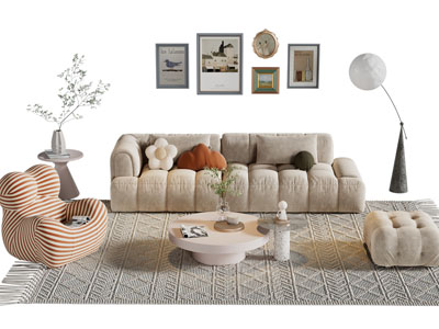 侘寂风布艺多人沙发、懒人沙发和茶几组合