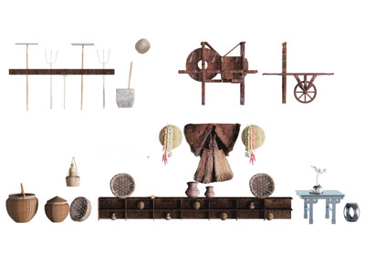 新中式民宿农具、编制收纳筐墙饰挂件