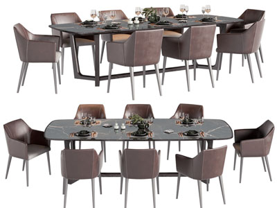 现代长方形圆角餐桌椅组合