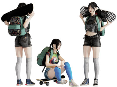 现代玩滑板的女孩人物